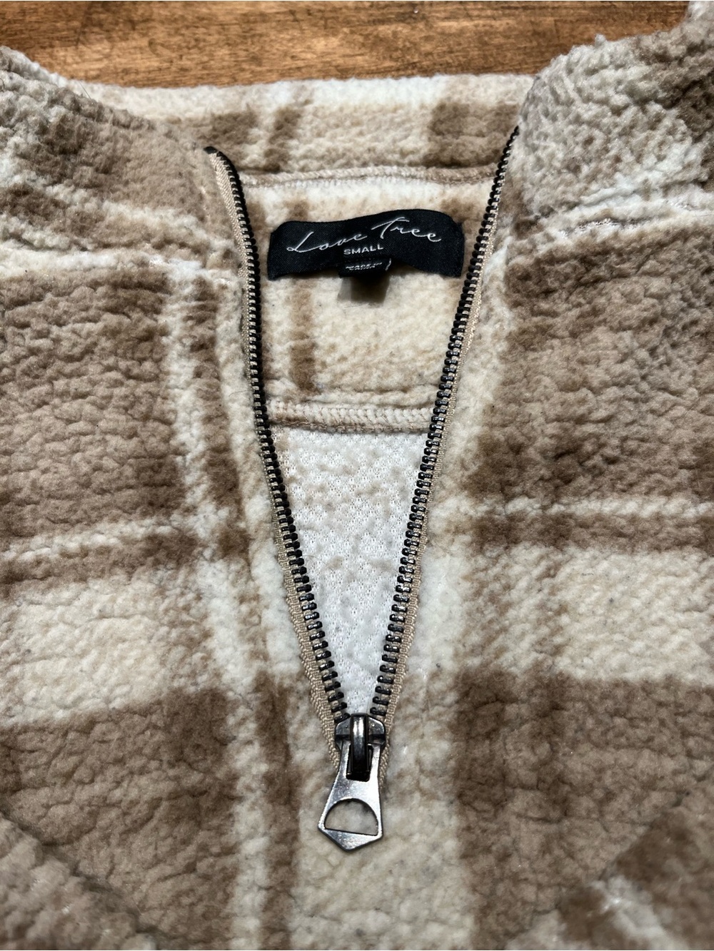 Love Tree Plaid Sherpa Half-Zip Pullover - Cream & Tan - Picture 7 of 7